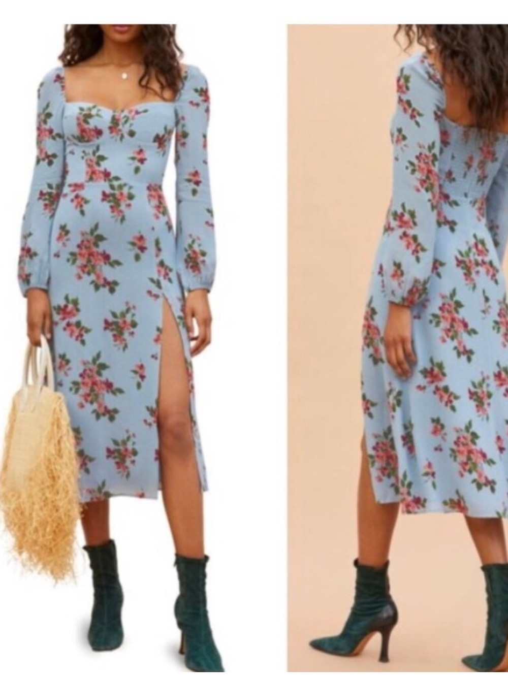 REFORMATION Shelby Floral Square-Neck Midi Dress in Light Blue